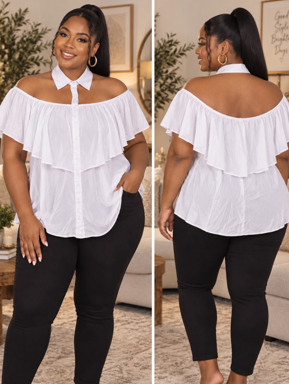 Ashley Stewart White Off-Shoulder Ruffle Button-Front Blouse